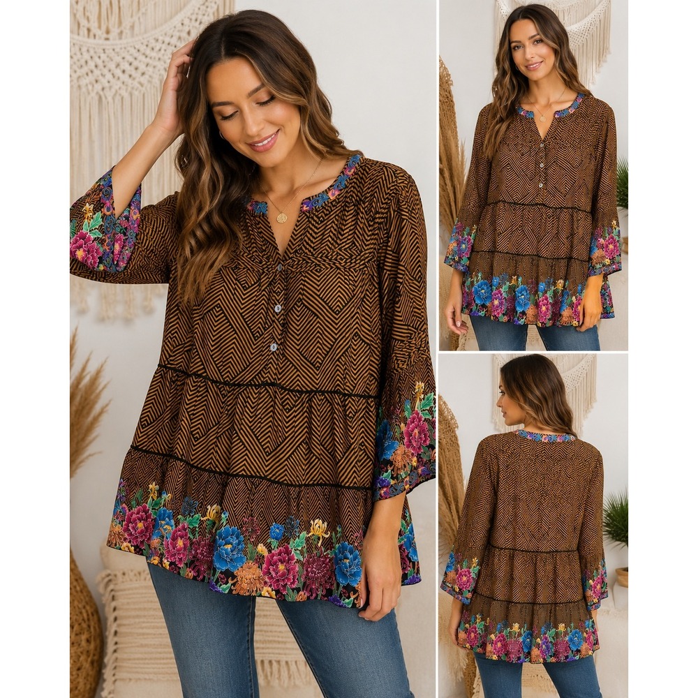 John Mark Tunic Top Geometric Floral Embroidered Boho Blouse Brown Medium‎
